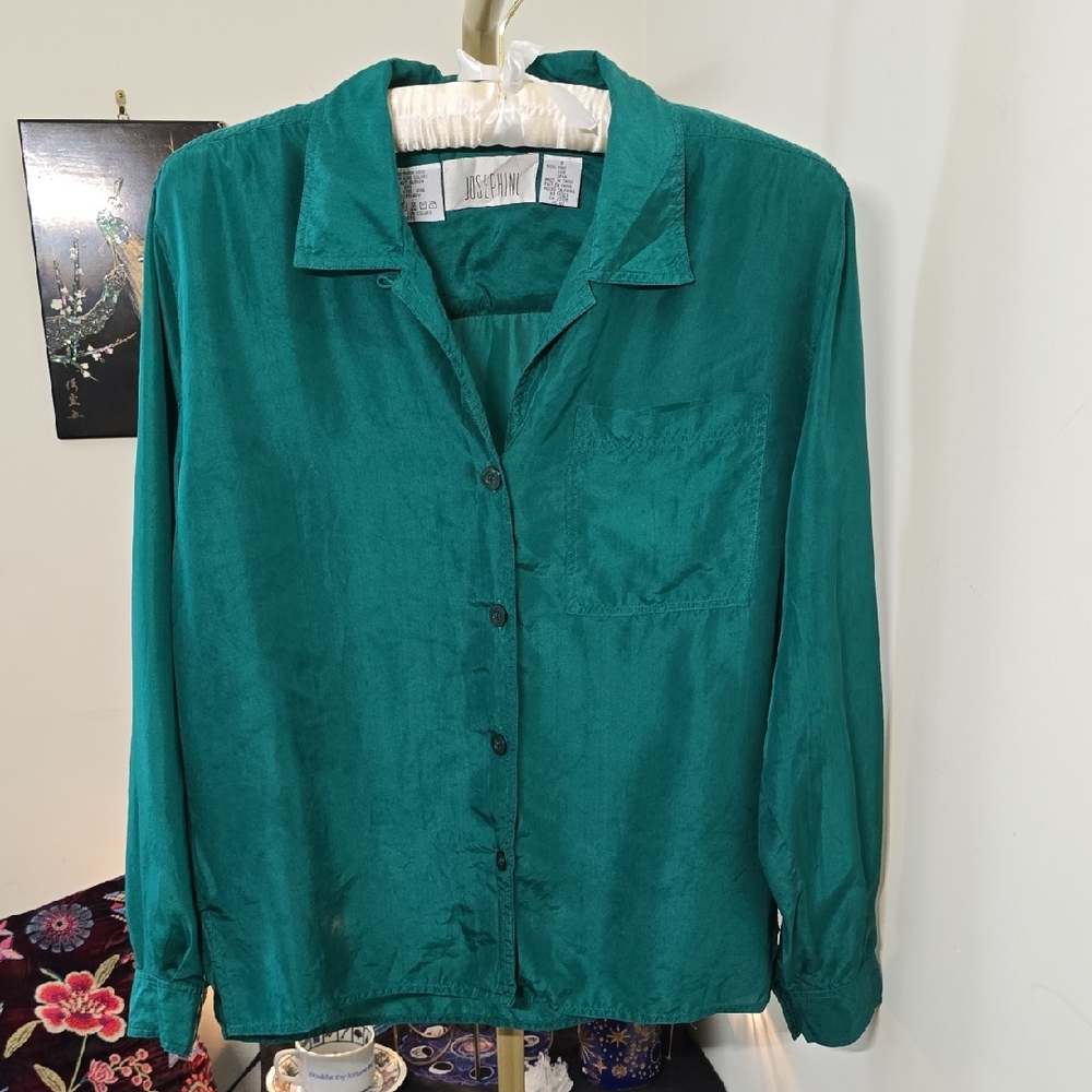 Josephine Emerald Green Long Sleeve Button Up 100% Silk Blouse
